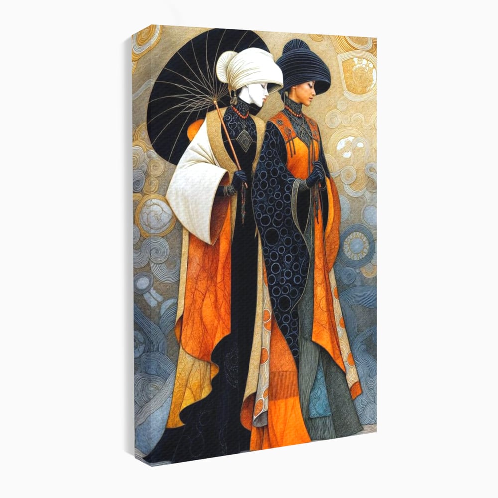 Tablou canvas cu tablou canvas cu doua femei asiatice stilizate, fara rama, pe sasiu de lemn